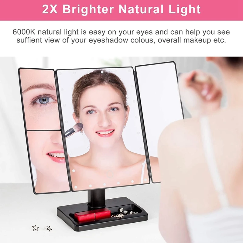 Espejo de maquillaje triple con 22 luces LED, espejo cosmético de escritorio de mesa iluminado plegable portátil, aumento de 10X/3X/2X, negro