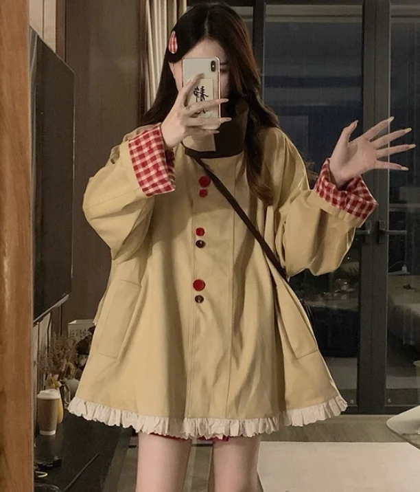 Autumn Winter Plus Size Girl on Both Sides Wear Loose Sweet Ruffles Coat Fashion Round Neck Long Sleeve Versatile A-line Jacket