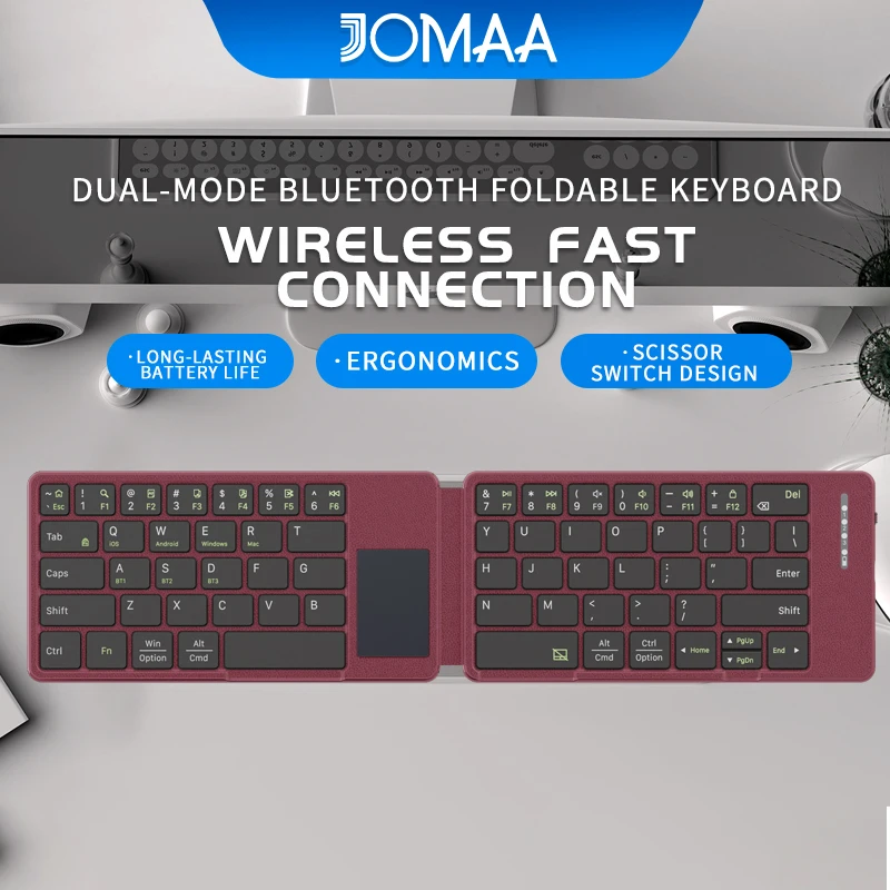 JOMAA Foldable Bluetooth Wireless Touchpad Keyboard for Window/Mac/Android,Rechargeable Portable 65 Keys Travel Keyboard-Red