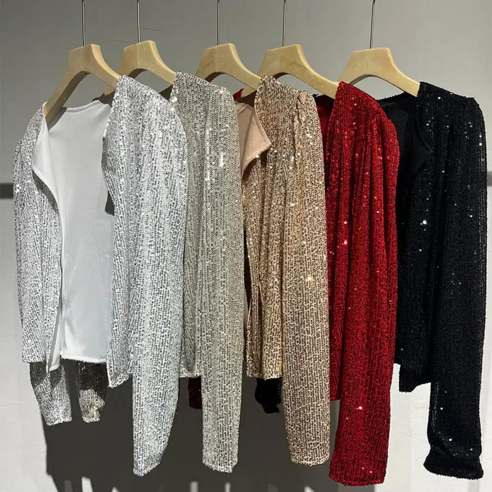 

Women's Sequin Jacket Long Sleeved Sequins Cardigan Casual Shinny Jacket Open Front Crop Jacket Sparkly Glitter Short Blazer