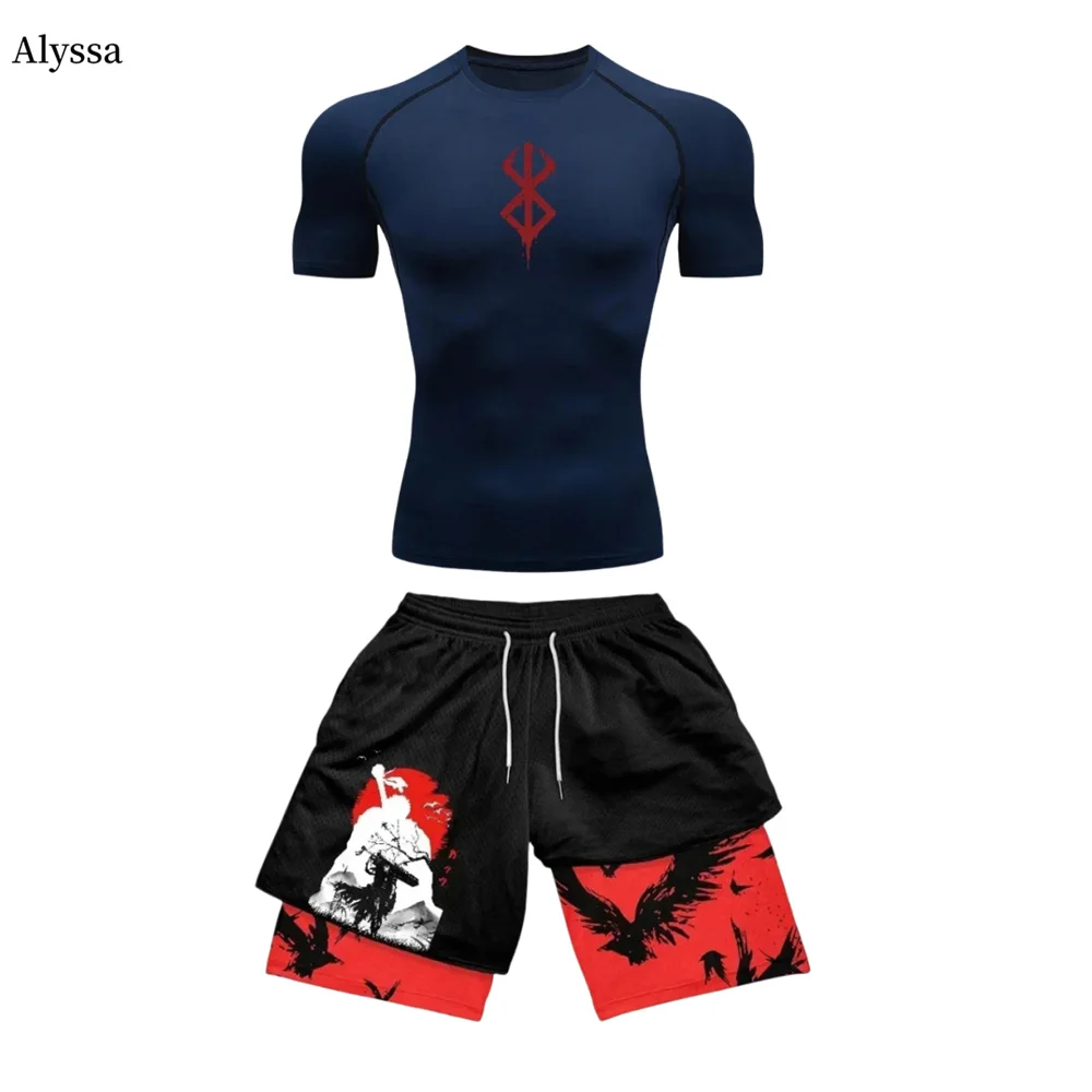 Men's Compression Set Anime Jujutsu Kaisen Printed Summer Gym Compression Shirts+Workout Shorts Breathable Quick Dry Sports Set