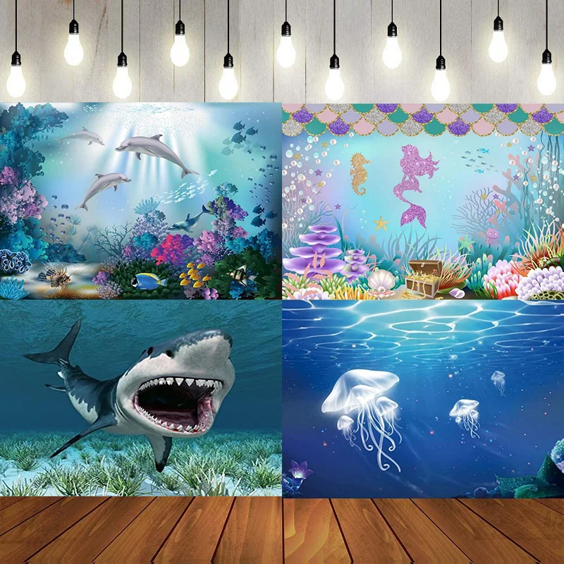 Great White Shark Coral Reef Under The Sea Baby Shower Photography Wonderland Birthday Party Backdrop Background Banner Decor