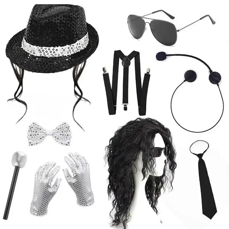Michael Jackson Cosplay Prop MJ Hat with Wig Glove Glasses Set Fans Performance Costume Birthday Dance Gifts Halloween Cosplay