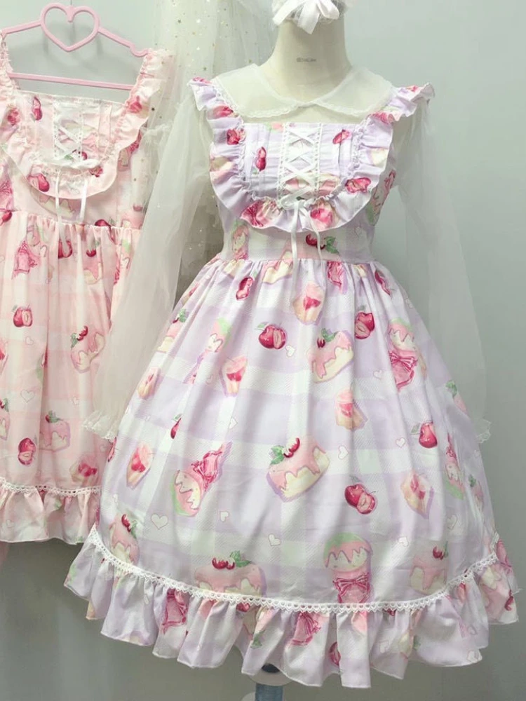 KOSAHIKI Kawaii Girl Cake Print Lolita Dress Vintage Gothic A Line Jsk  Women Sweet Cute Sleeveless Party Suspender es