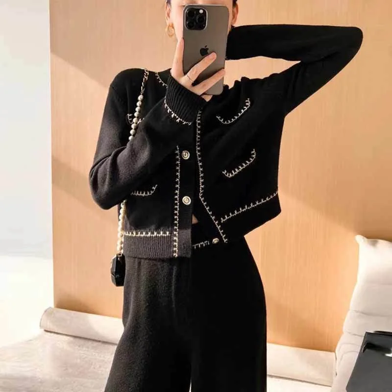 Korean Elegant Knitted Two Piece Pant Sets Women New Autumn Winter Long Sleeve Cardigan Wide Leg Pants Fashion Stylish Pant Sets