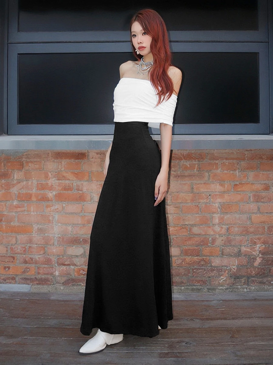 غريب سنور هيبورن Sle اللون Blo oulder Dr المرأة ثوب مسائي Elely تنورة طويلة عالية الخصر ألياف البوليستر #5