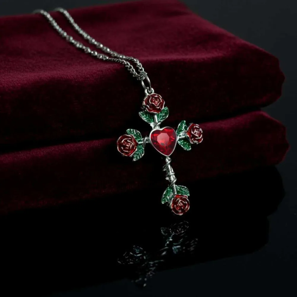 Victoria Medieval Red Heart-shaped Zircon Rose Flower Cross Pendant Necklace for Women Romantic Gothic Jewelry Accessories Gift
