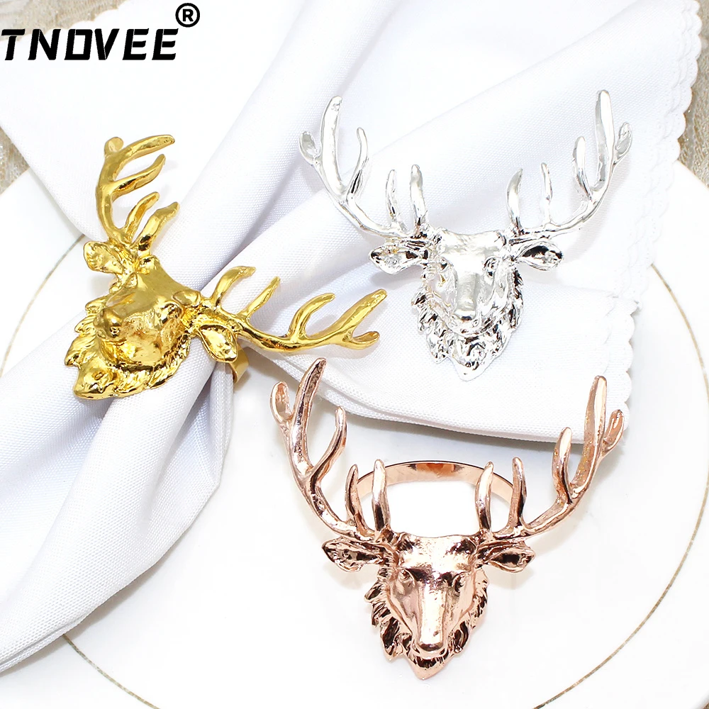 

4Pcs Gold Deer Head Napkin Rings Christmas Antler Napkin Holder Silver Napkin Buckle for Xmas Party Dinner Table Decor ERC04