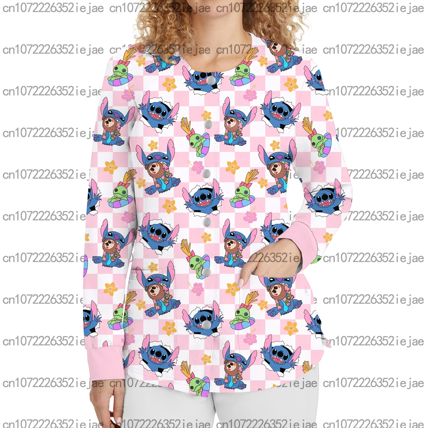 Winter Disney Stitch Printed Round Neck Long Sleeve Button Frosted Jacket Casual Fashion Medical Nurse Care Beauty Salon Coat