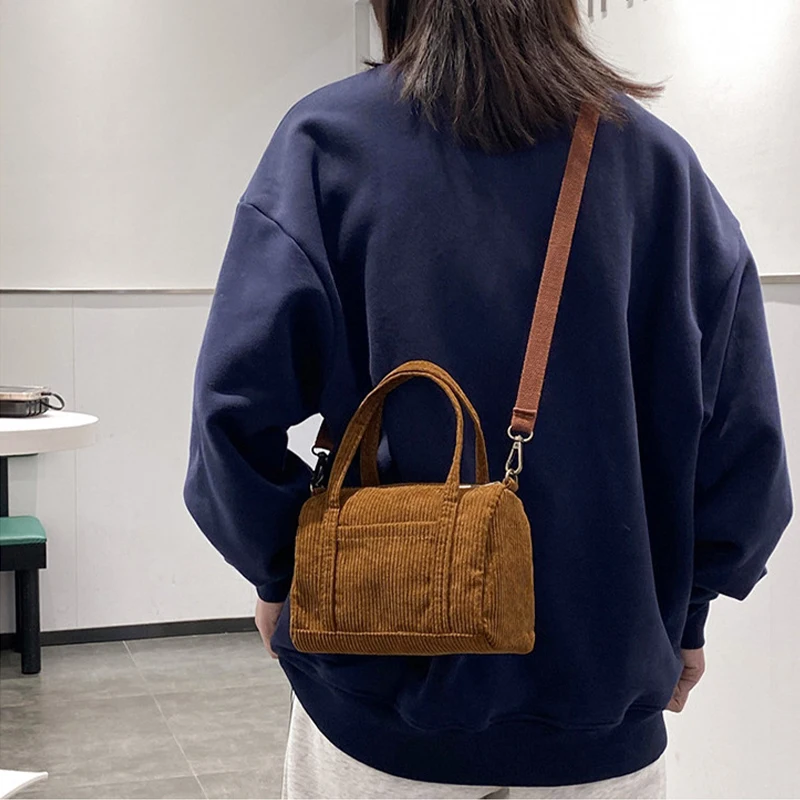 Women's Shoulder Bag Mini Corduroy Female Canvas Handbag Zipper Totes Ladies Casual Purse Cloth Pouch for Girl Daily Carrying