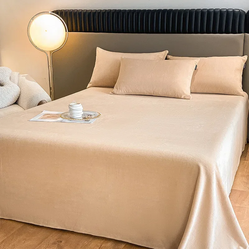 Solid Color Flannel Flat Sheet Autumn Winter Plush Warm Bedsheet with Pillowcases Soft Skin-Friendly Milk Velvet Queen Bed Sheet