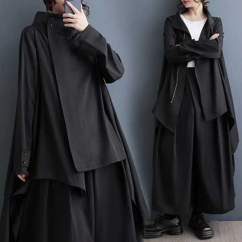 

Women Solid Coat Swallow Tail Jackets Asymmetric Zipper Button Stand Collar Long Sleeve Loose Fit Office Lady Casual 2025 Autumn