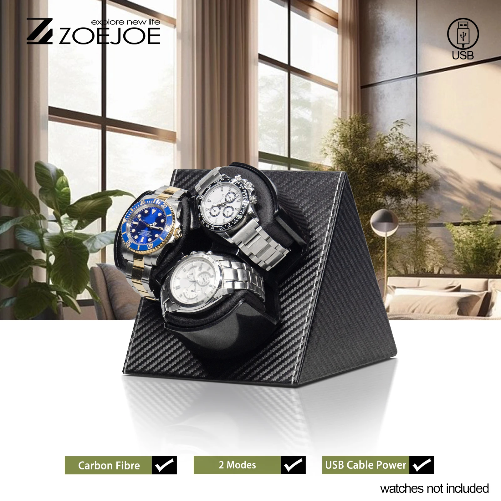 ZOEJOE 3 فتحات ماكينة لف ساعات أوتوماتيكية بولي Leather الجلود ألياف الكربون كابل يو اس بي مخدة ناعمة ملفاف ساعة هدايا عيد الميلاد للرجال والنساء