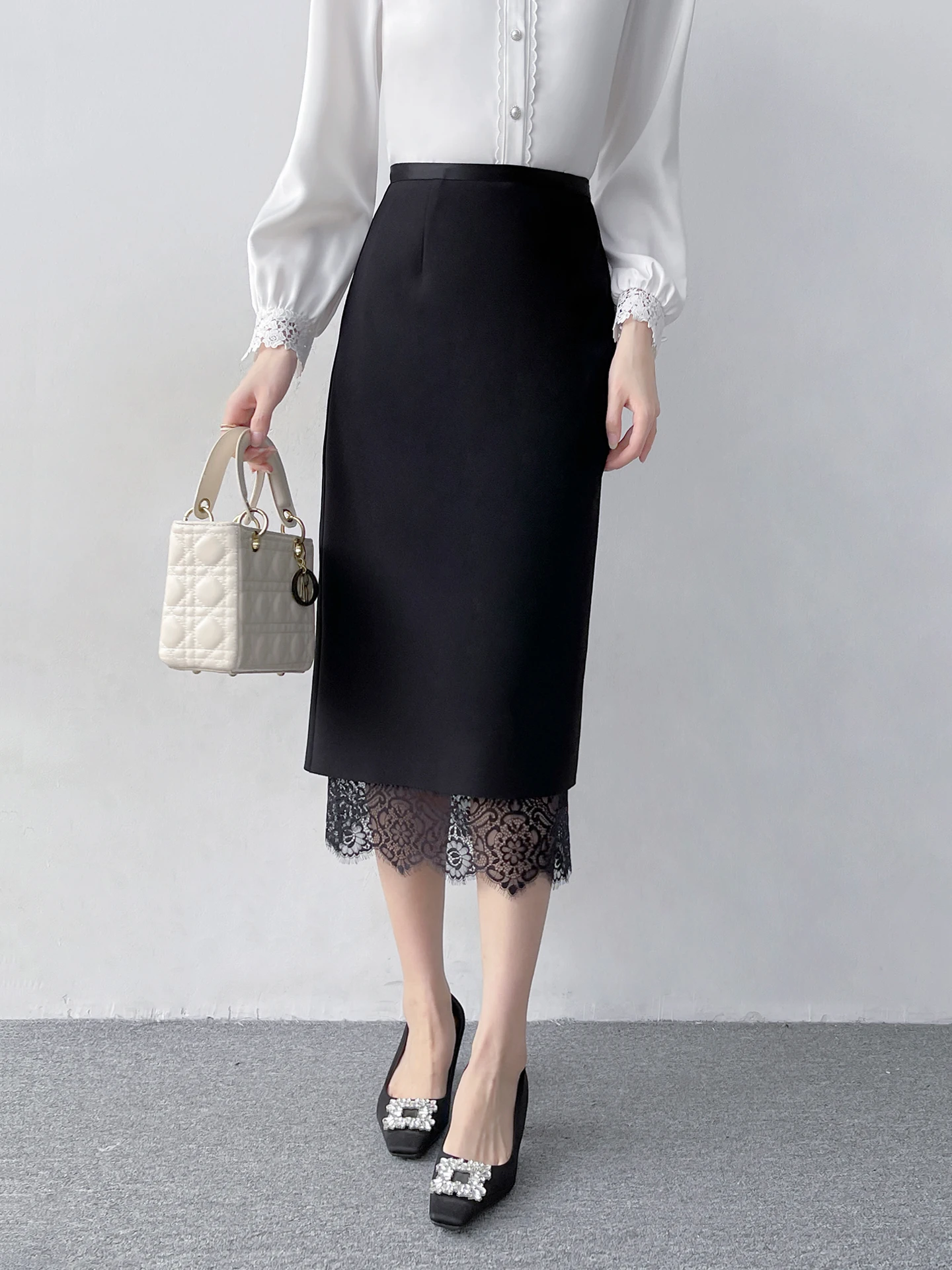 

Черная кружевная юбка средней длины, женская прямая юбка-труба с высокой талией, утягивающая одношаговая юбка OL Sle Commute