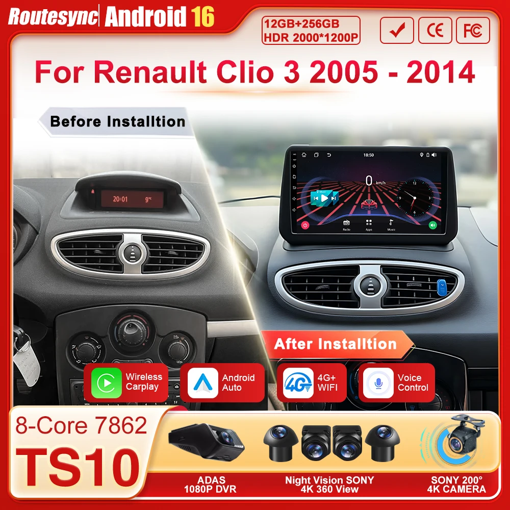

9-дюймовый Android 16 для Renault Clio 3 2005-2014, автомобильная мультимедийная система с CarPlay, сенсорным экраном, GPS, Wi-Fi, без DVD, 2DIN