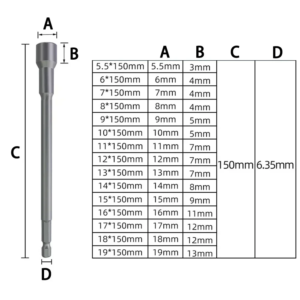 1pc 150mm Long 6-19mm Hexagon Nut Driver Drill Bit Socket Wrench Extension Sleeve Adapter Drill Bit For Pneumatic Screwdrivers