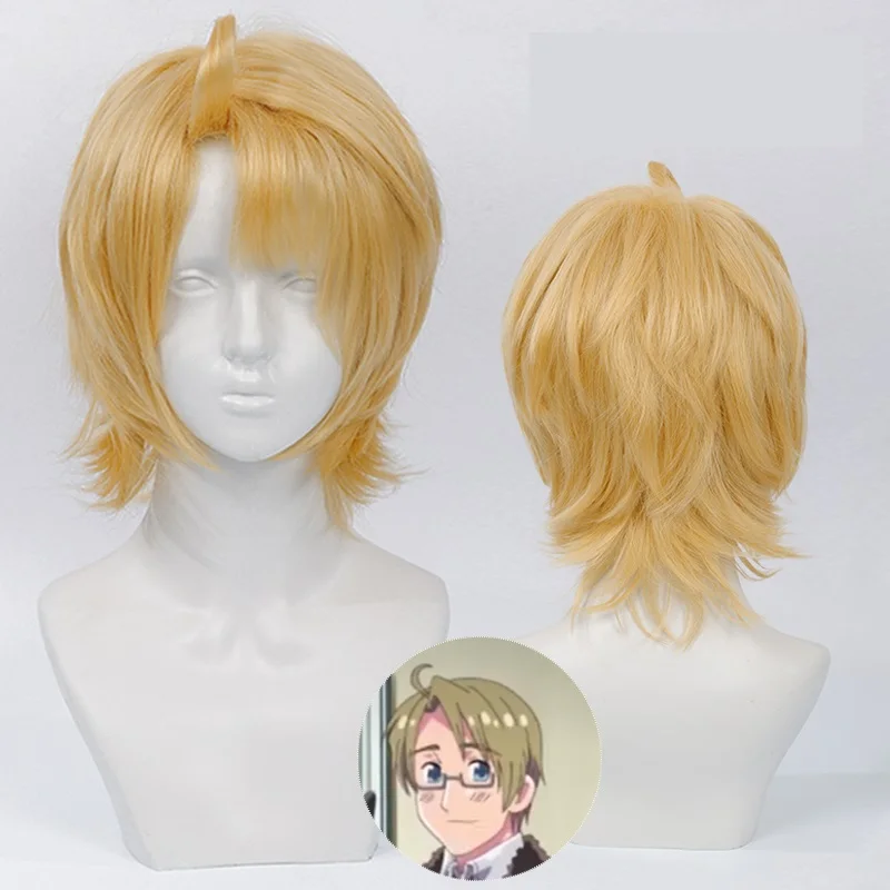 APH Axis Powers Hetalia Alfred F Jones Cosplay Wigs Short Golden Heat Resistant Synthetic Hair Wigs + Free Wig Cap