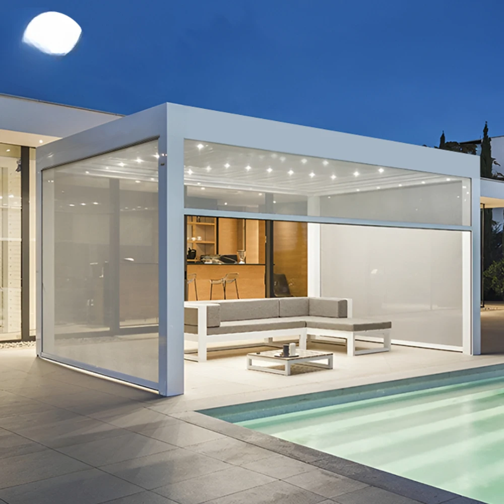 

4X4Waterproof Outdoor Pergola Aluminium Motorized Aluminum Pergola Gazebo Outdoor With Sliding Glass Door Roller Blinds