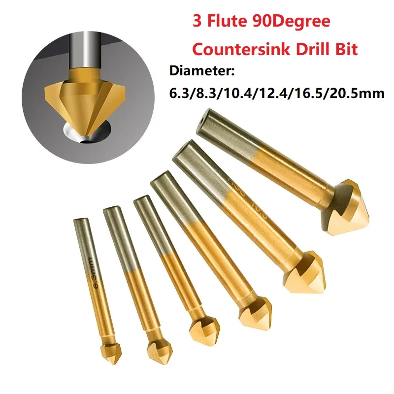 

1 Pcs Drill Bit 90 Degree 3 Flute Countersink Drill Bit Chamfering Tools Chamfer Cutter 6.3-20.5mm Woodworking Tools