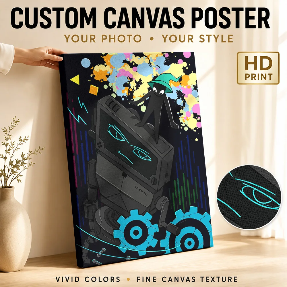 Inscryption Wizard Standing On Robot Framed Canvas Print Personalized Photo Bright Neon Highlights Wall Art For Computer Room