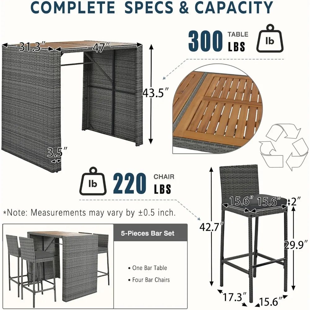 5 Piece Rattan Patio Bar Set,Wicker Conversation Set Outdoor Furniture Set with Wood Desktop,4 High Stools,Dining Table