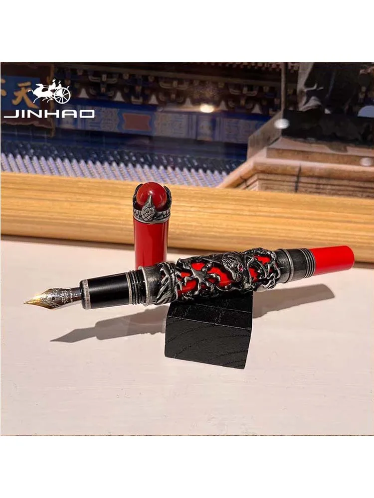 

1 piece Jinhao Dragon King Fountain Pen Fine Nib Intricate Design Red Background with Jewelry on Top