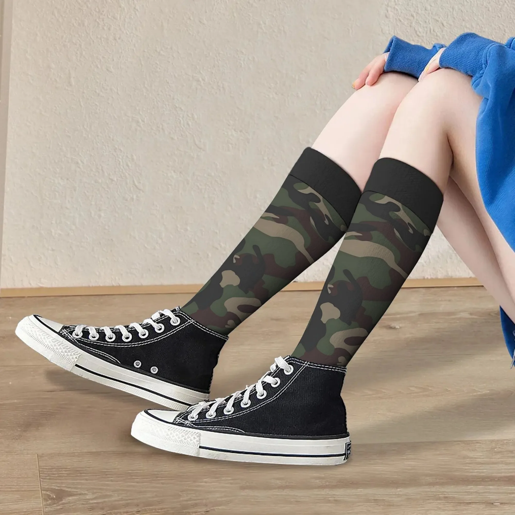 Vintage Retro Camouflage Knee High Socks 90s Military Fashion Throwback Distressed Camo Print & Streetwear Edge for Nostalgic view 2