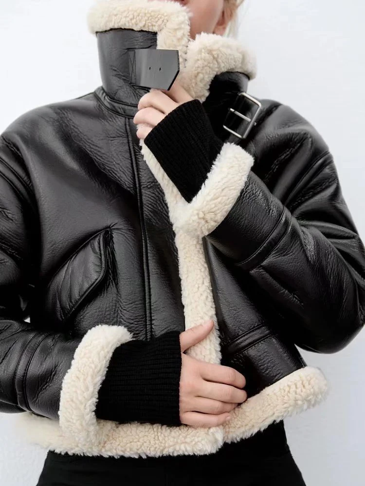 Winter Fleece Leather Jacket Women Faux Fur Jacket Fashion Streetwear Thick Warm Locomotive Coat Lamb Double-side Moto Outerwear