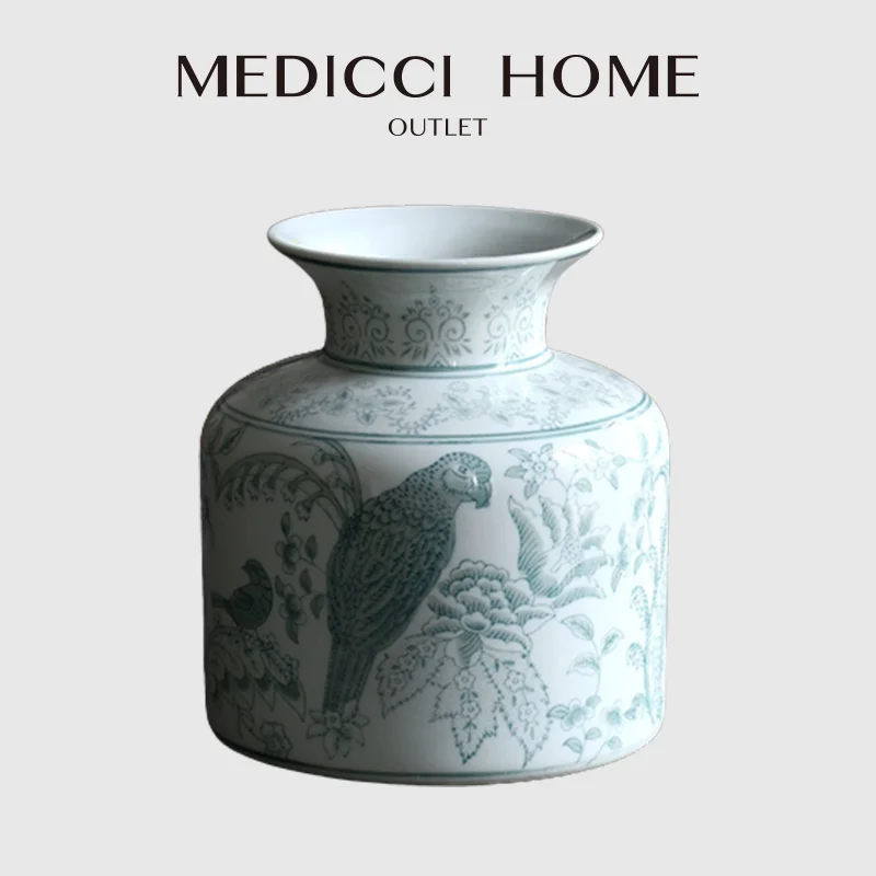 Medicci Home Parrot Flower Pattern Vase Oriental Furniture Floral Blue And White Porcelain Vase Jar Pot American Style Home Deco