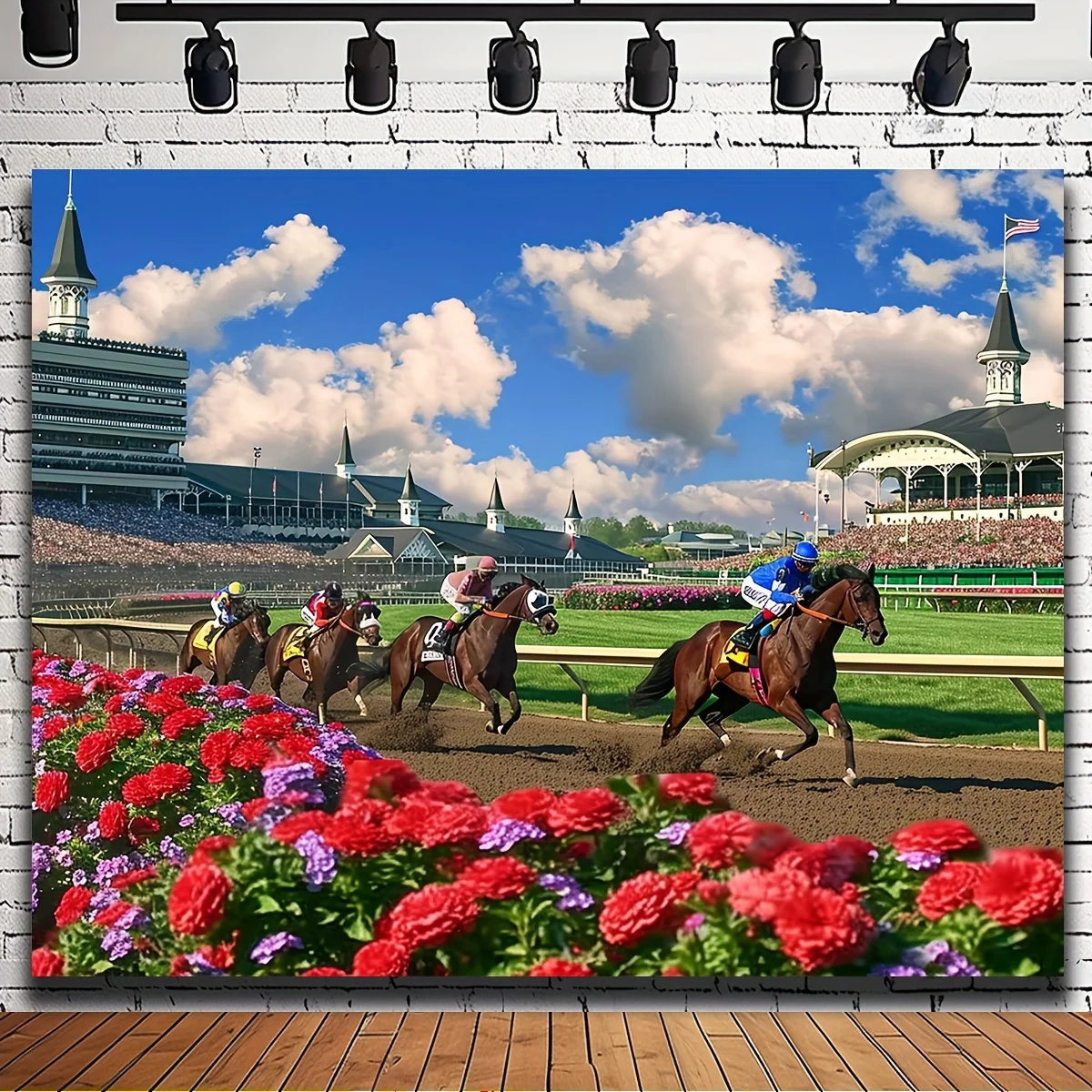 Horse Racing Track Jockeys Flowers Stadium Tapestry 2D Flat Sports Event Scenery Wall Hanging for Living Room Office DecorFabric