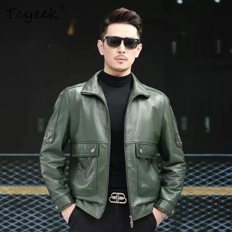 

Tcyeek Natural Cowhide Real Leather Jacket Men Motocycle Jackets Top Layer Casual Mens Coats New Style Trendy Бомбер Кожаный
