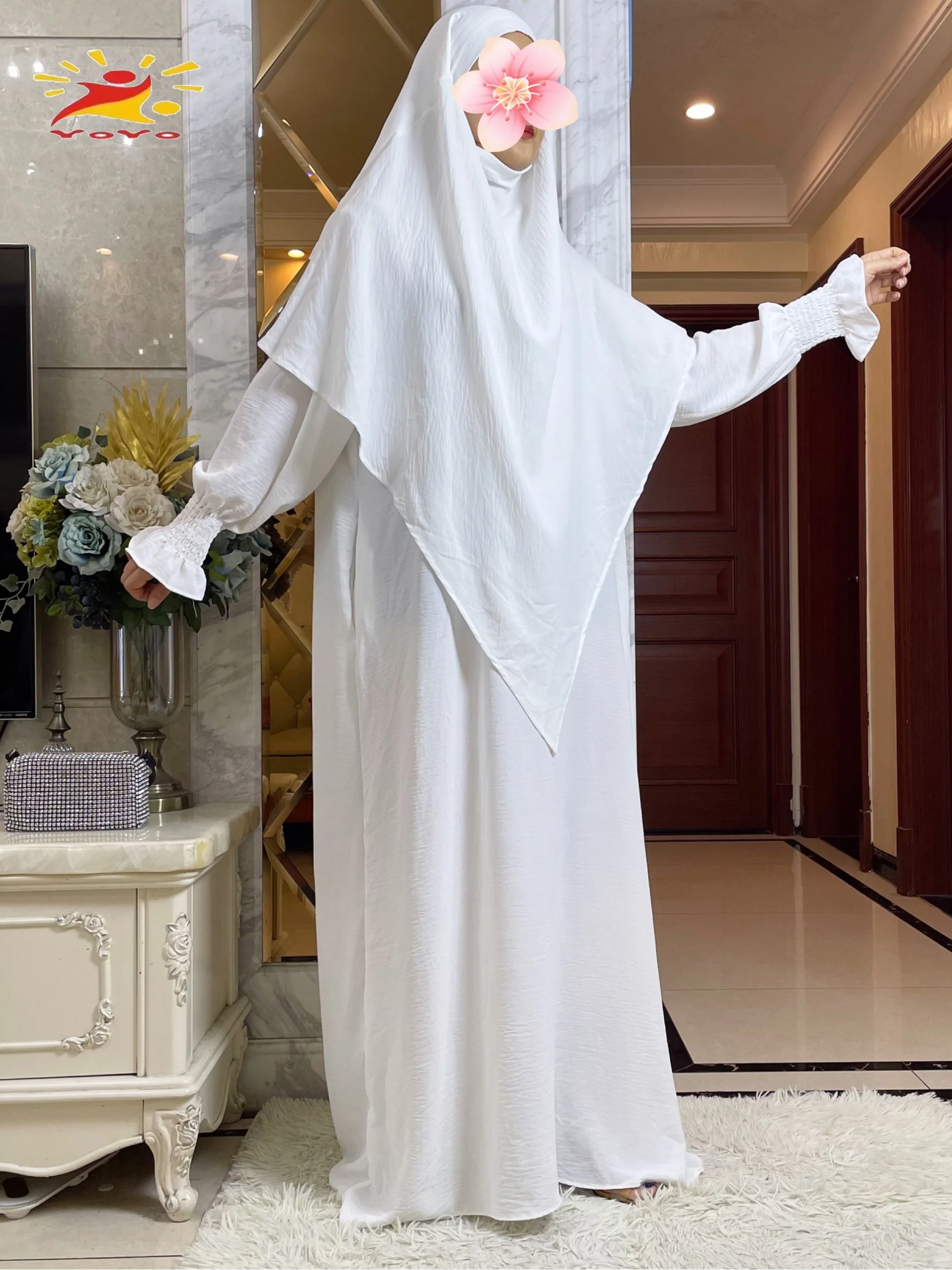 Khimar Abaya Set Gerimpelde Stof Gesmokte Manchet Jurk Met Twee Lagen Hijab Sjaal Gebedskleding Islam Jilbabs Voor Vrouwen Ramadan Moslim