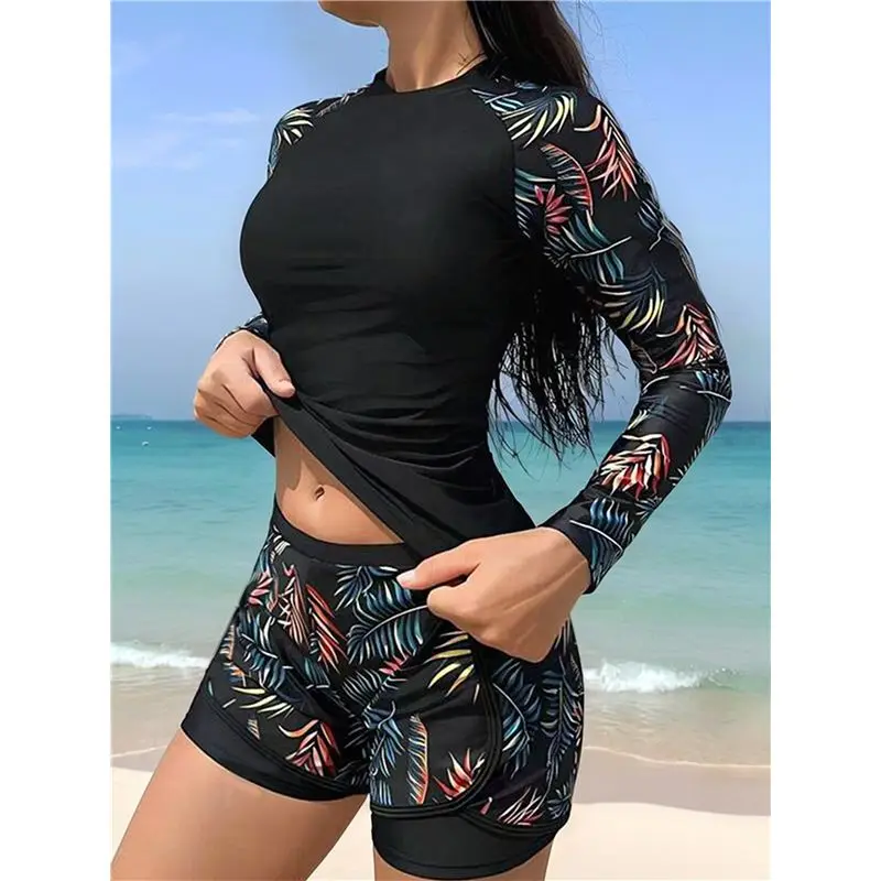 CYL-Women's Long Sleeves Rash Guard - 2 Piece Swimsuits With Built In Bra Swim Shirt And Shorts