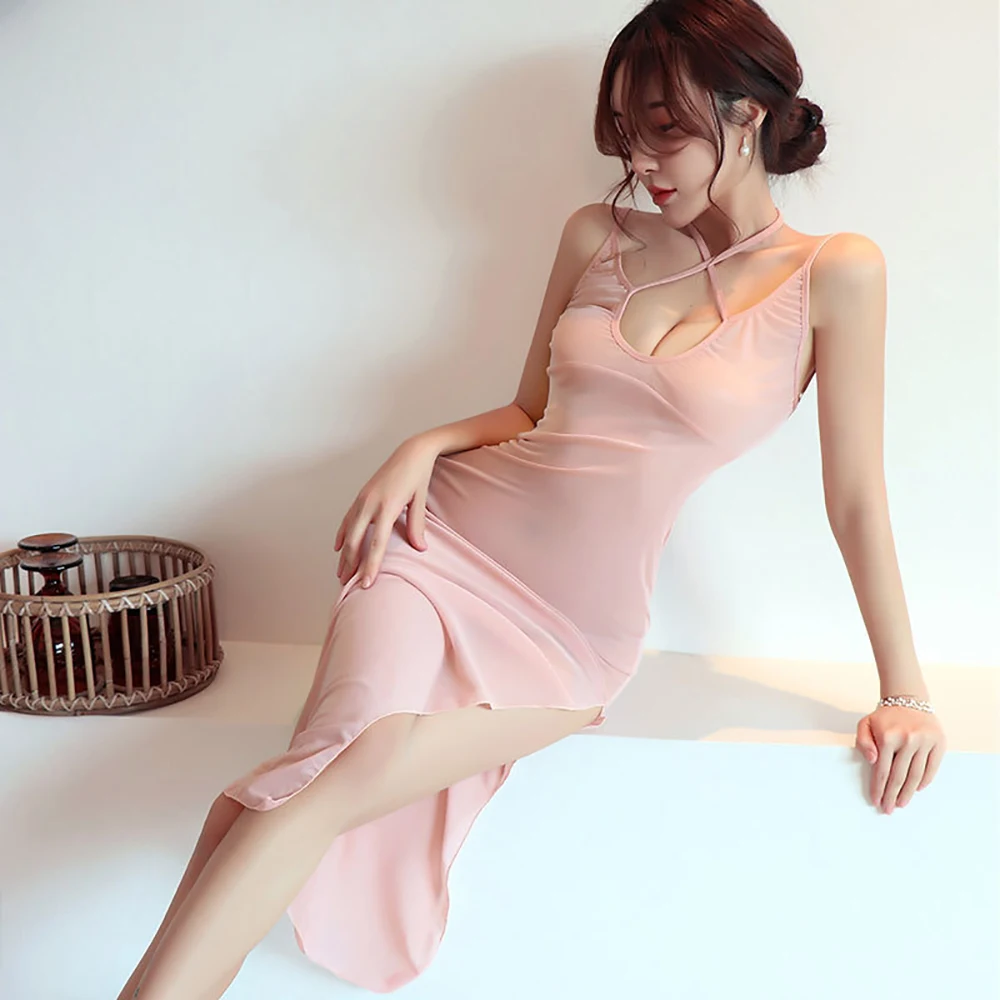 New Women Long Sleeveless See Through Lace Robe Dress Fashion Solid Sexy Perspective Deep V Pajamas Sleepwear Underwear Lingerie