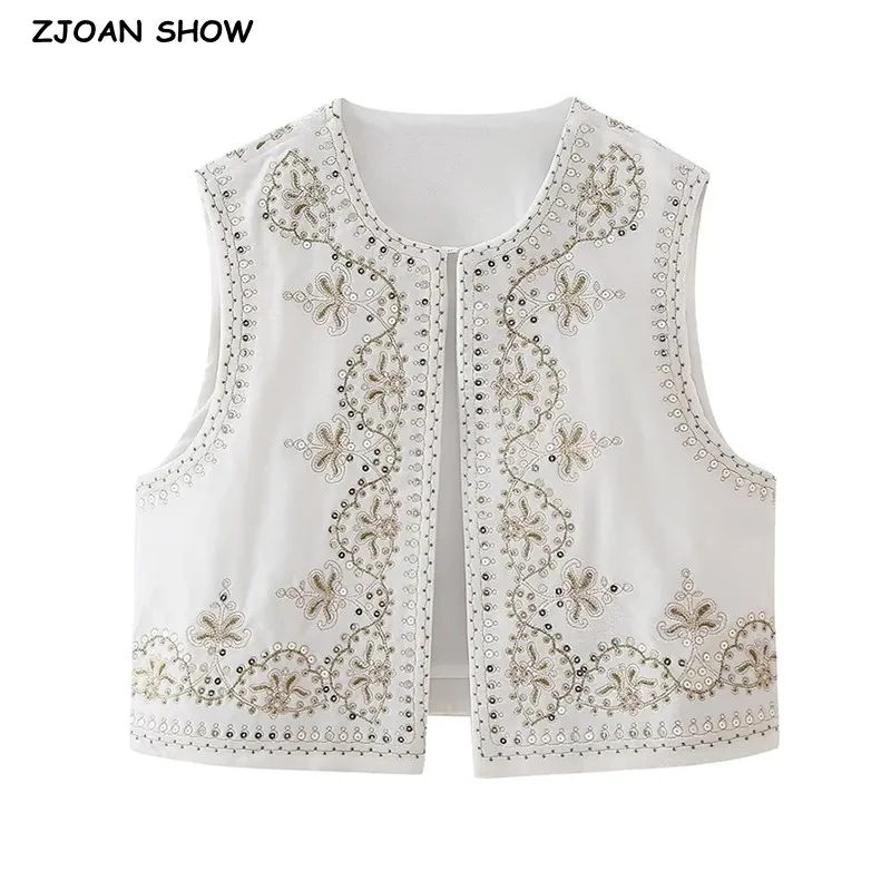 Ethnic Bling Sequins Embroidery Flower Velour WaistCoat Women BOHO Open Sleeveless Vest Jacket Velvet Vacation Loose Tops white