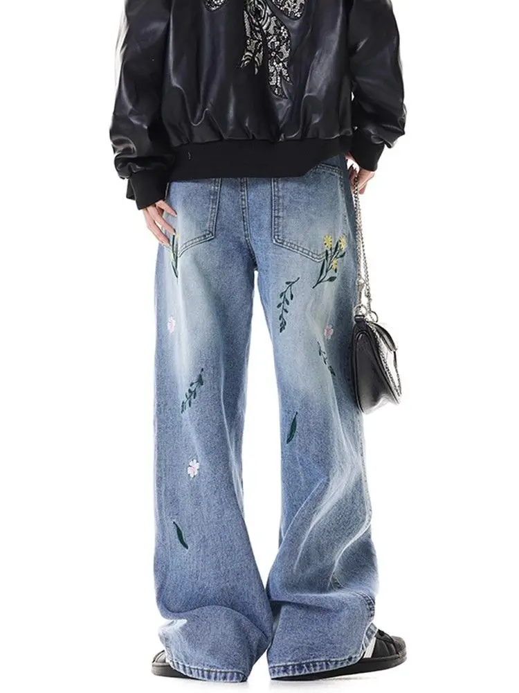 Pantaloni jeans larghi in denim casual ricamato blu da donna Y2K American High Street Harajuku estetica vintage a gamba larga