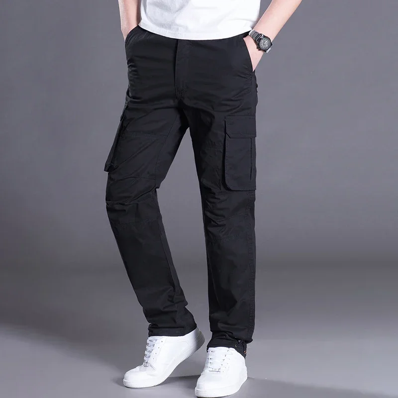 Autumn and winter fashion thick multi-pocket cargo pants men plus fleece casual pants loose straight leg large size pants brand