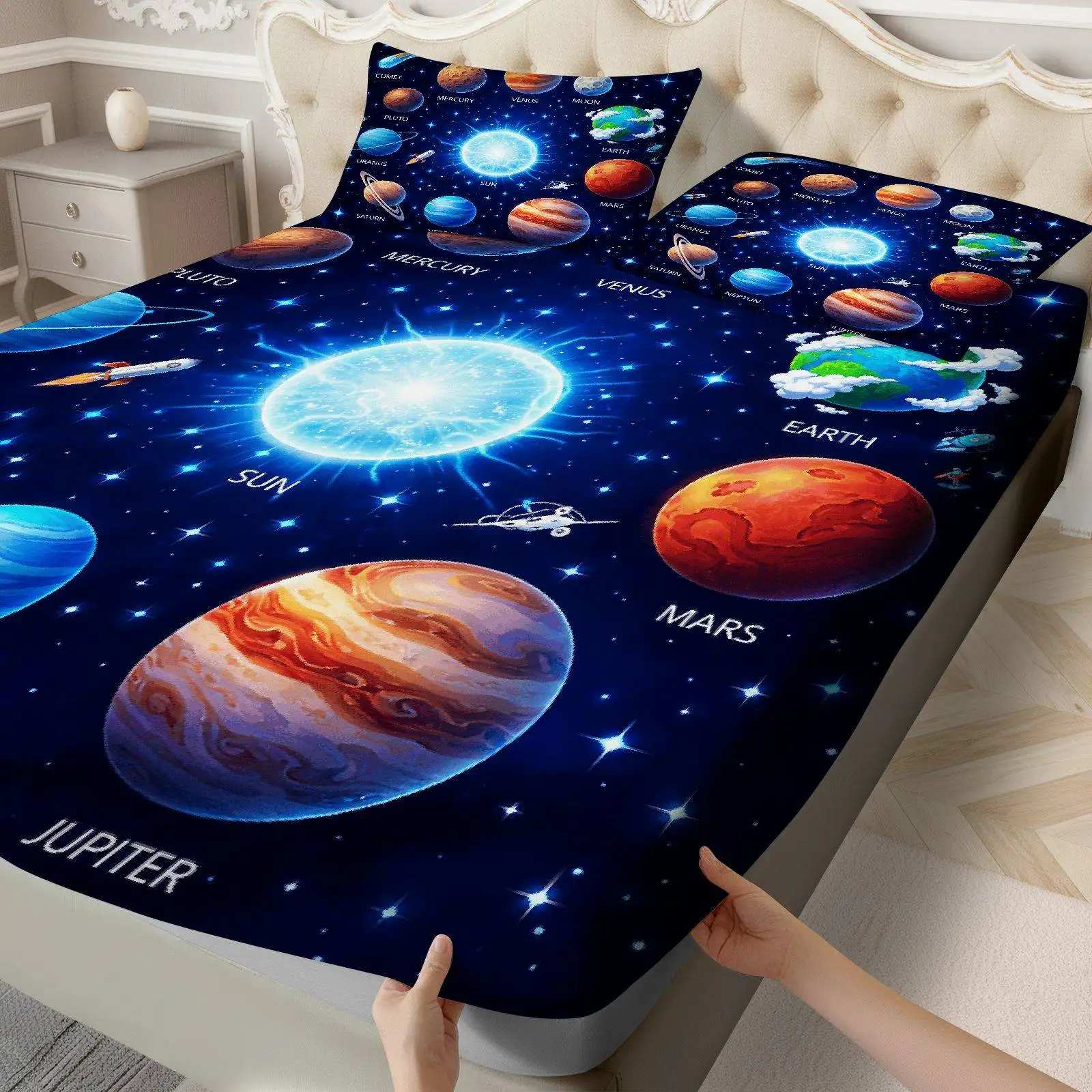 Solar system themed three-piece bedding set, breathable and comfortable mattress protector, made of breathable polyester material (includes 1 fitted sheet + 2 pillowcases). Mattress protector, fitted sheet style with elastic edges, protective cover, mattress cover, fitted sheet bedding, Christmas themed bedding - view 5