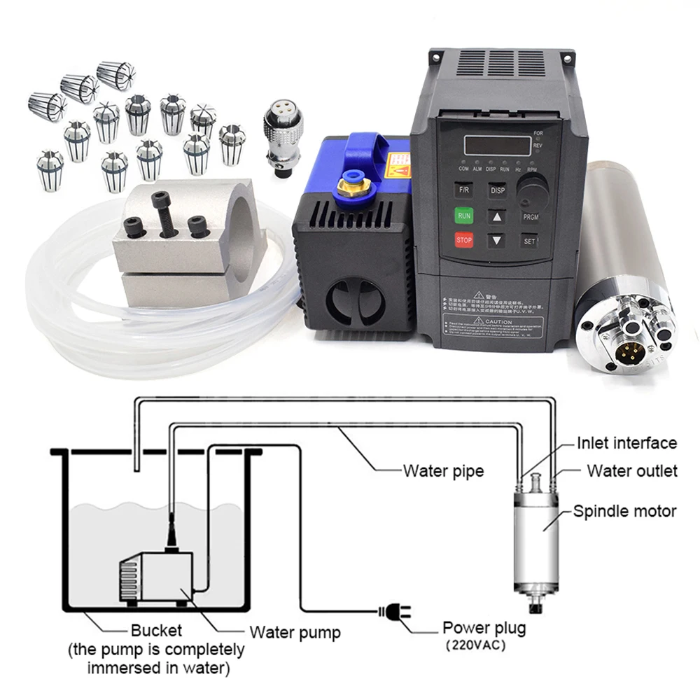 

1.5 KW Water-cooled Spindle motor +1.5KW VFD+80mm Clamp+Water Pump/5m Pipe + ER11 Collets kit for CNC Engraving Machines