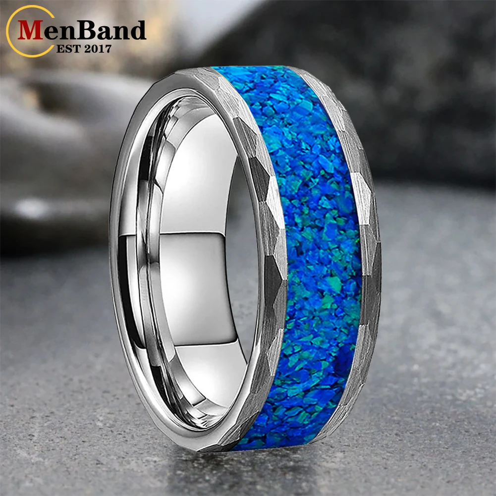 MenBand 8MM negro martillado ópalo verde incrustaciones tungsteno anillos de boda bandas aniversario hombre anillo joyería regalos gratis grabado