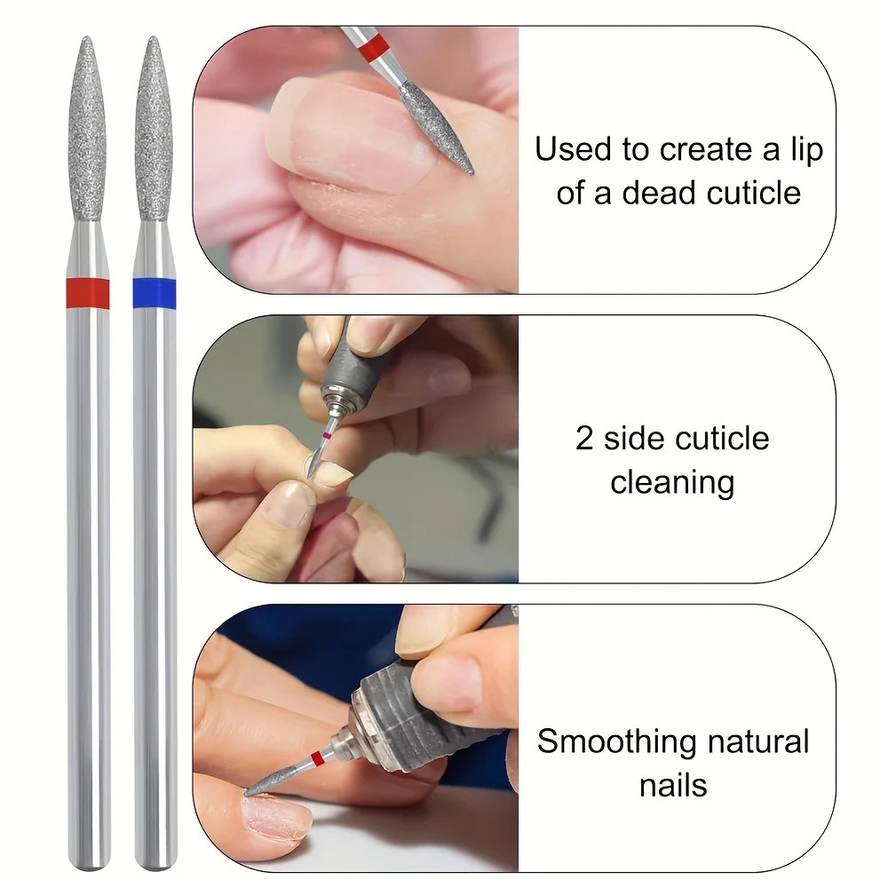 2Pcs Diamond Flame Drop Nail Drill Bits Medium Fine Grit with Storage Case for Cuticle Manicure Pedicure E File