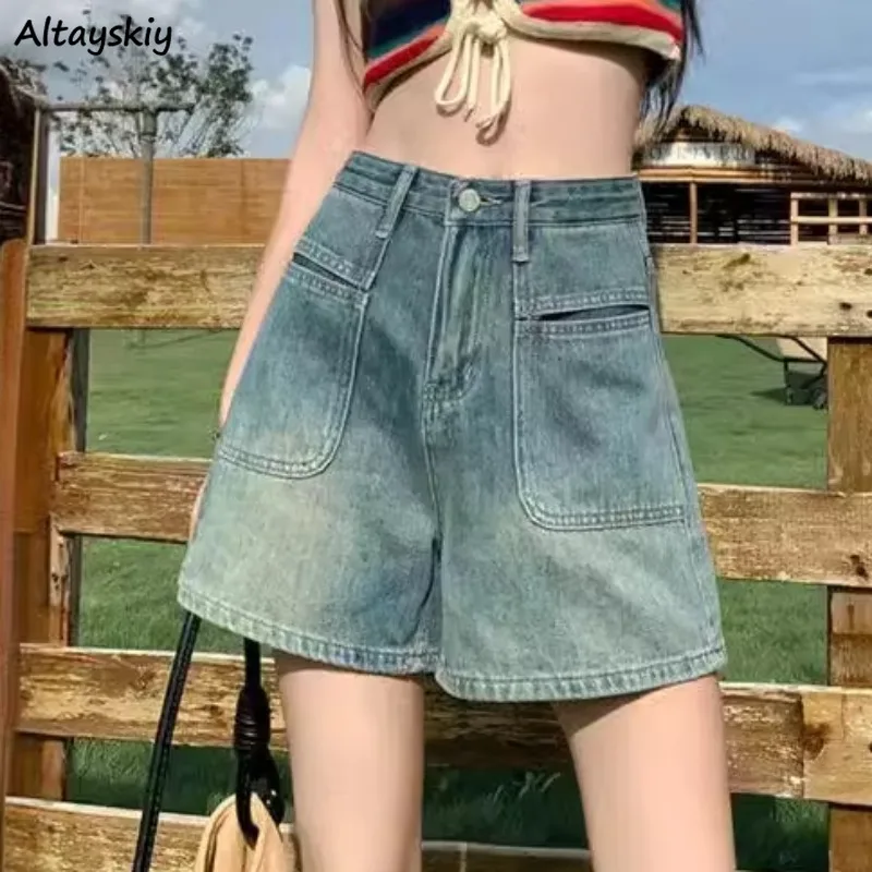 

Retro Shorts for Women Summer Korean Style Fashion Washed Chic Students All-match Denim High Waist Pockets Ins Popular A-line