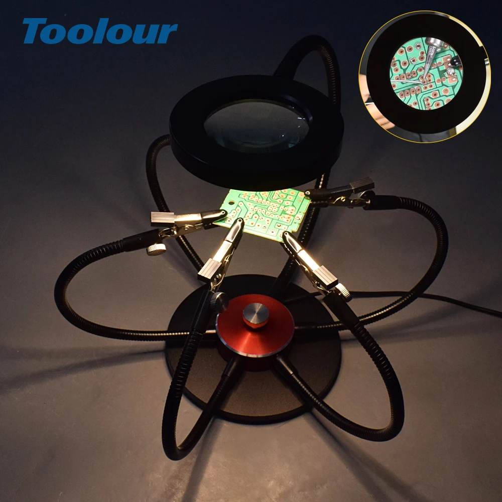 

Toolour Soldering Helping Hand with 360 Degree Rotating Base 6pcs Flexible Arms Soldering Station 3X Magnifying Glass Light