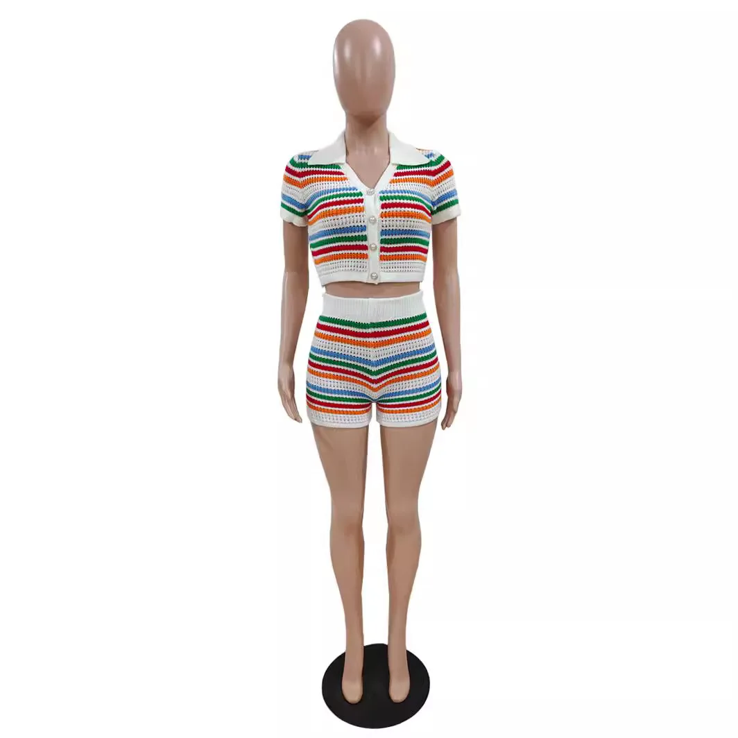 2 Pieces Set Sexy Fashion Knitting Women Set 2024 Spring Summer Female Stripe Short Sleeve Tops And Elastic Waist Shorts Suit