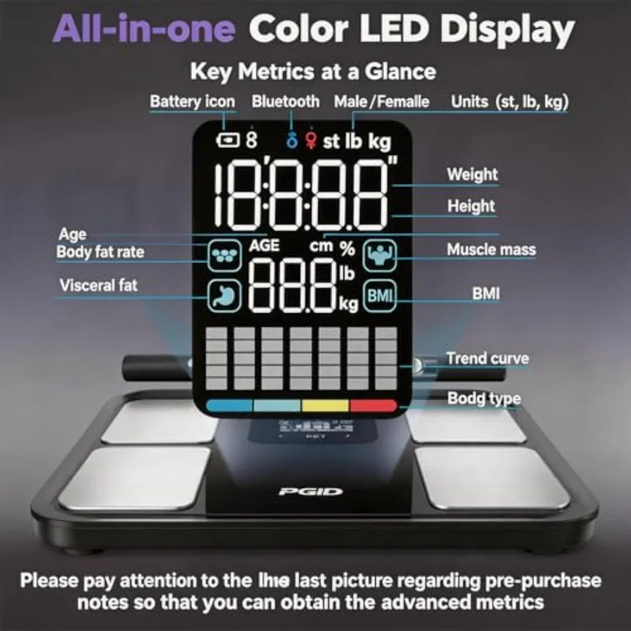Smart bathroom scale for body weight and composition analysis, tempered glass surface, black finish, 58 metrics including BMI,