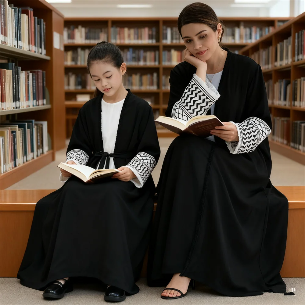 

Мусульманское женское и детское платье Абая для девочек, кимоно для мамы и дочки, кардиган, Дубайский кафтан, турецкий арабский халат, вечернее платье Джалабия Джеллаба