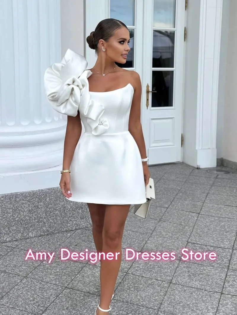 

One Shoulder Cocktail Dresses Satin Pleat Modern Party Dress Women A Line Short Prom Gowns vestidos de fiesta Customized