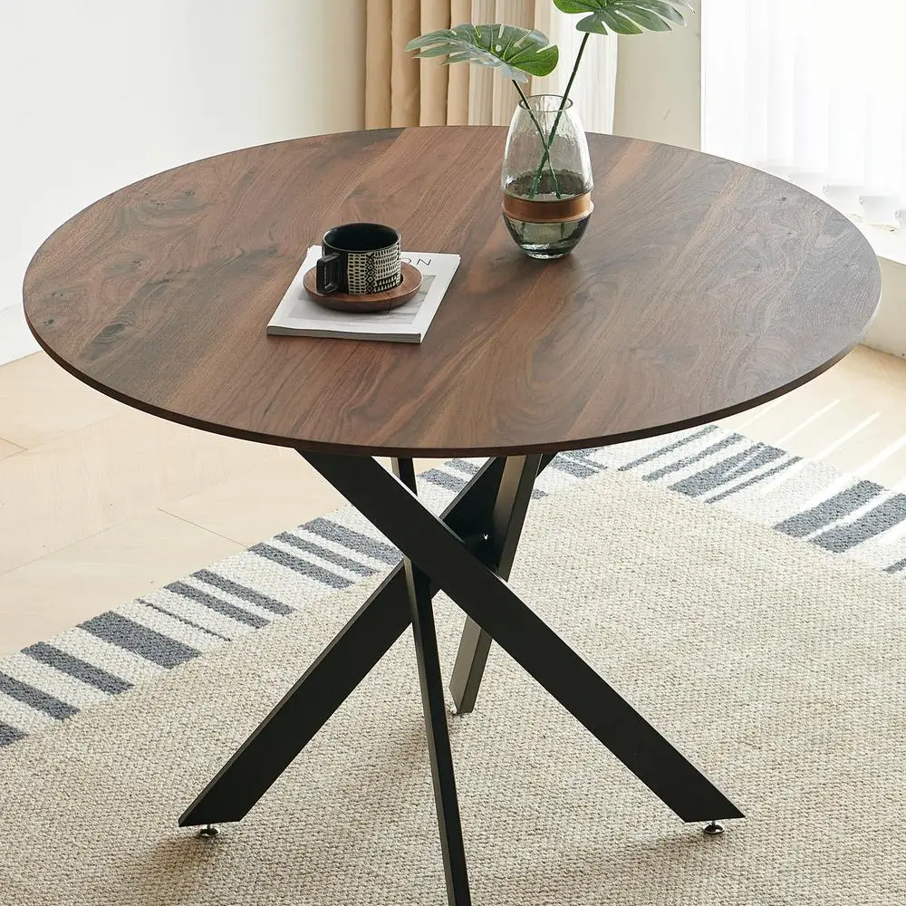 

42" Mid-Century Round Dining Table Black Wood MDF Top Cross Leg Pedestal Table for 4-6 People
