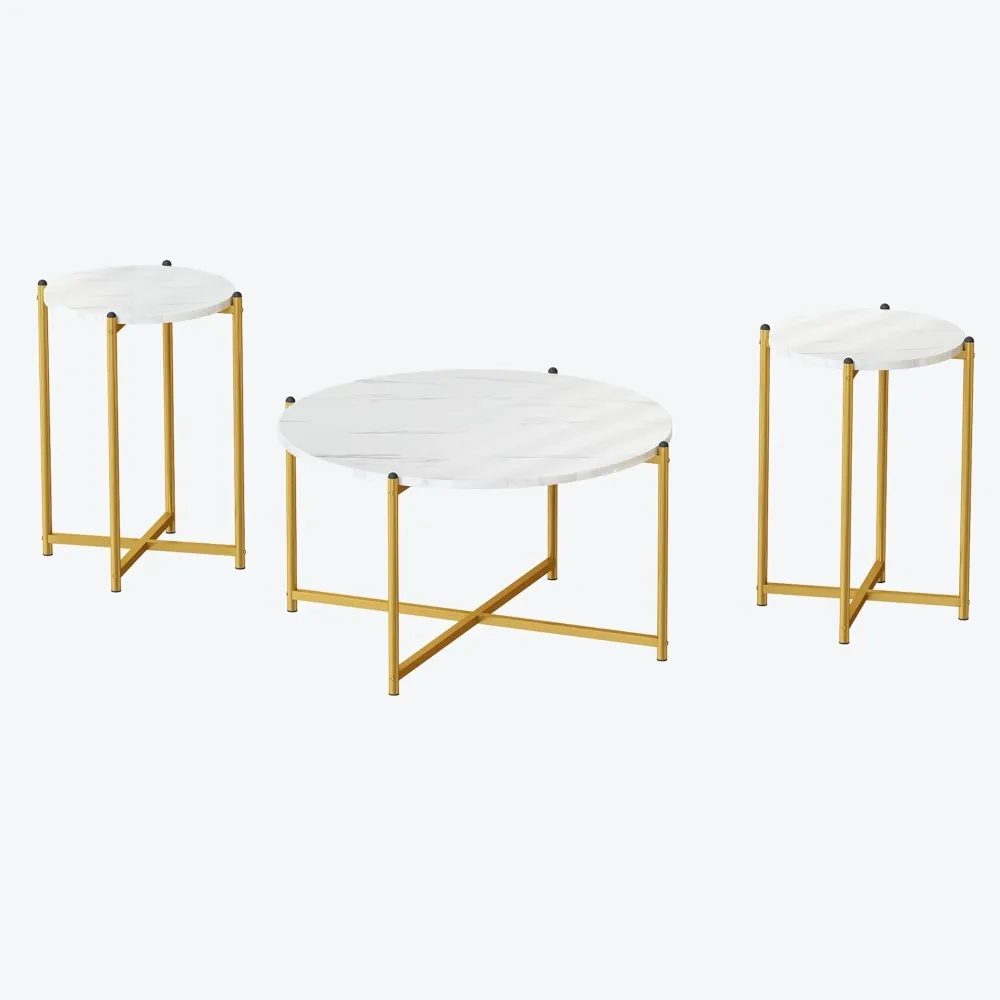 Faux Marble Coffee Table Set - 3 Piece, Including 1 Coffee Table and 2 Sofa Tables, Round Tops with Metal Cross Bases, Ideal for