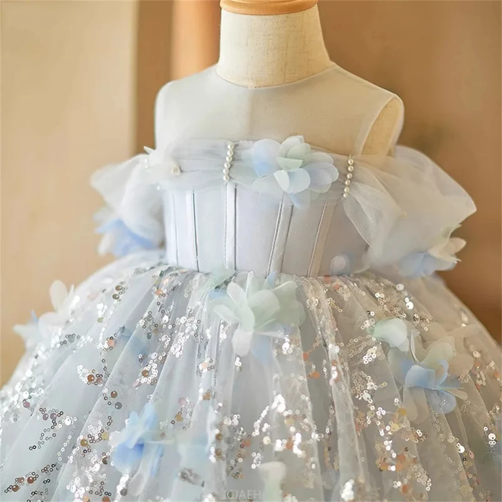 Customized Flower Girl Dress For Wedding Appliques Pearls Short Sleeve Knee Length Kids Birthday Party First Communion Gown